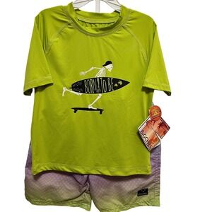 NWT Big Chill Boys SZ 5 Swim Set Rash Guard Trunks Lime Skeleton Surfer UPF 50